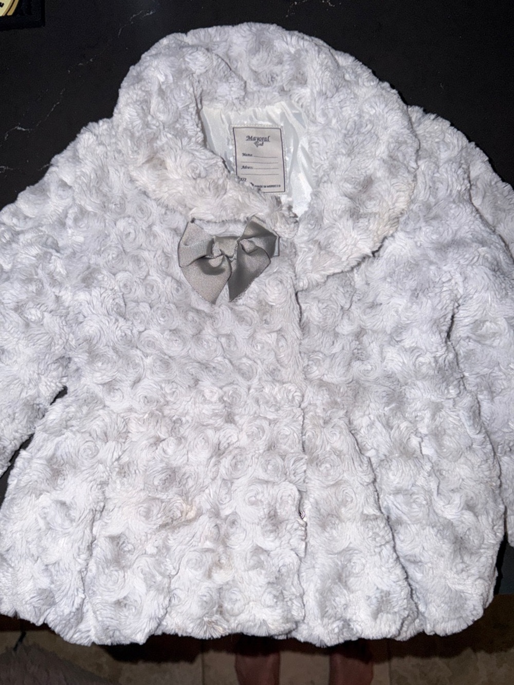 Mayoral White Plush Faux Fur Rosette Puffer Jacket with Bow